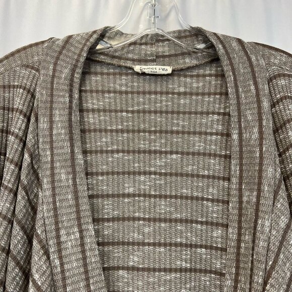 Sweet Pea Womens Cardigan Sweater Brown/White Striped Long Sleeve Waffle Knit L - Picture 3 of 10
